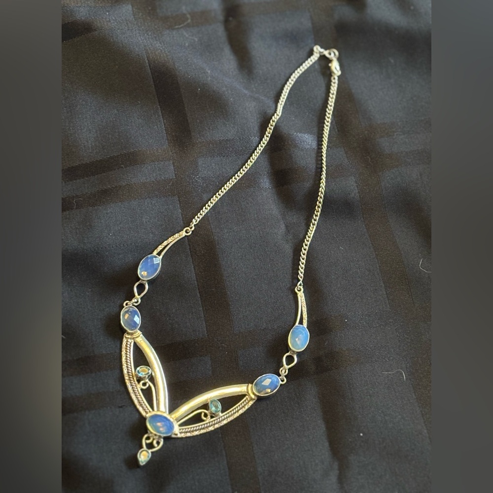Sterling Silver Faceted Opalite and Blue Topaz Necklace 925 Sterling Silver